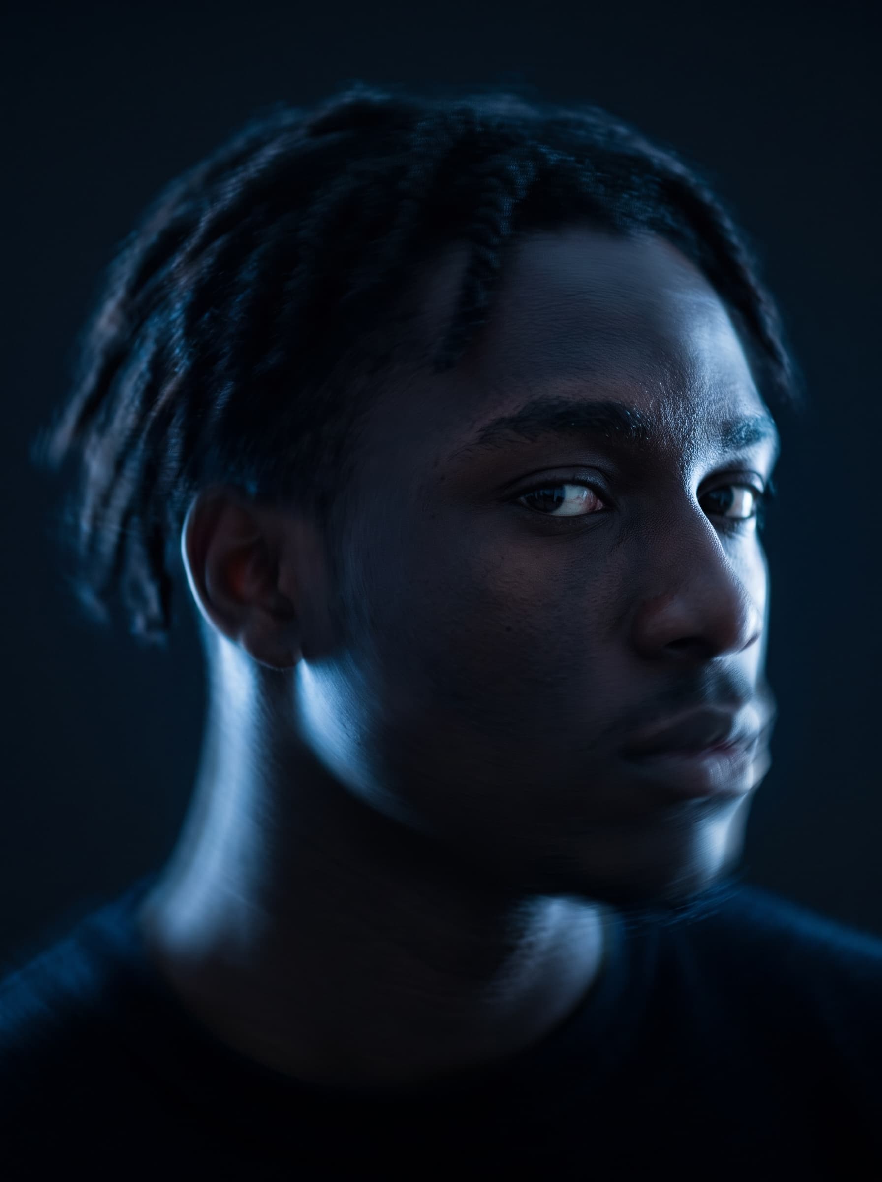 Man turning toward the camera, lit by a cool blue rim light